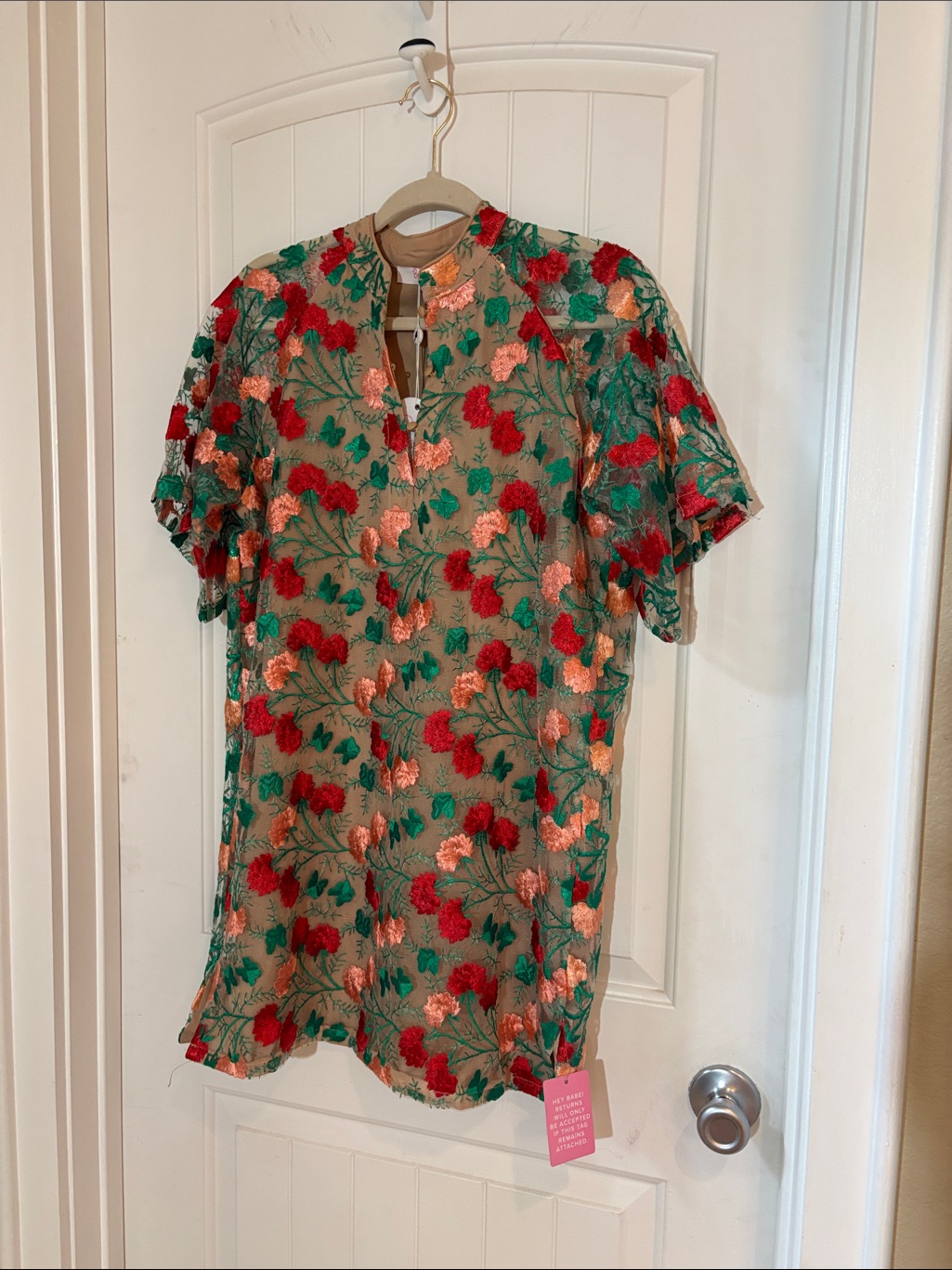 Buddy Love Embroidered Floral Tunic Dress In Red, Green, Peach On Tan